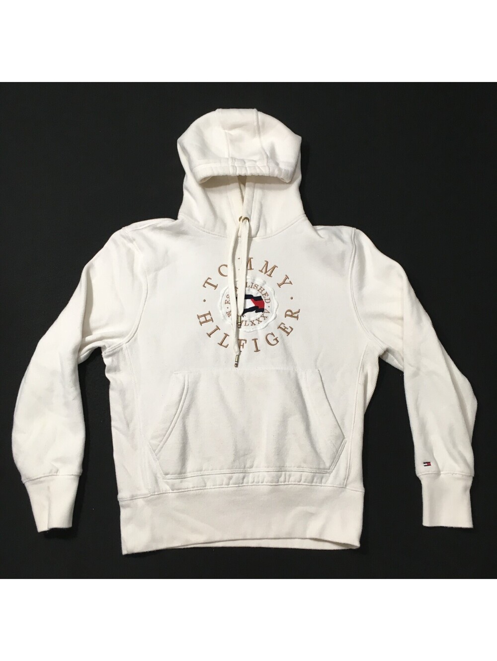 Womens Size small beige Tommy Hilfiger Hooded Sweatshirt embroidered graphic